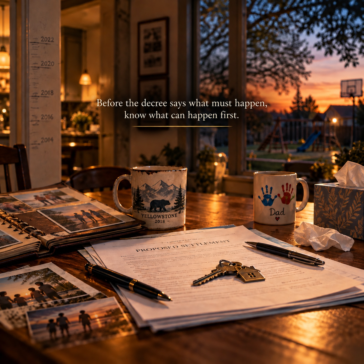 Before the decree says what must happen, know what can happen first — a family kitchen table with a proposed settlement and house keys